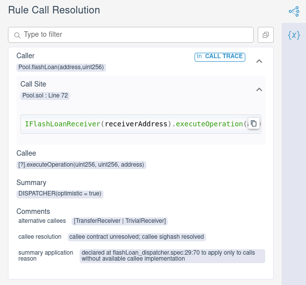 Call resolution tab showing unresolved call from  to, with the "alternatives" set containing both and 