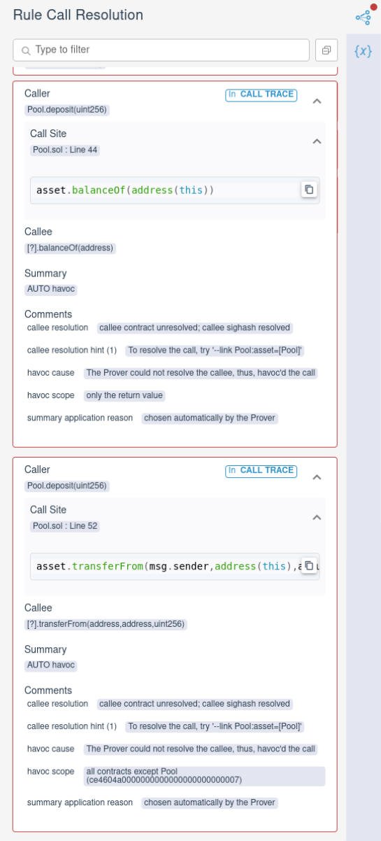 Call resolution for  showing havocs of return values for  and all variables of external contracts for 